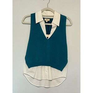 Elan Women Teal Blue Layered Look Cotton Sweater Vest White Shirt Top SWV11332 S